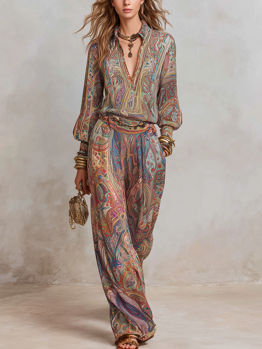 Paisley Printed Long Sleeve Top Pant Set