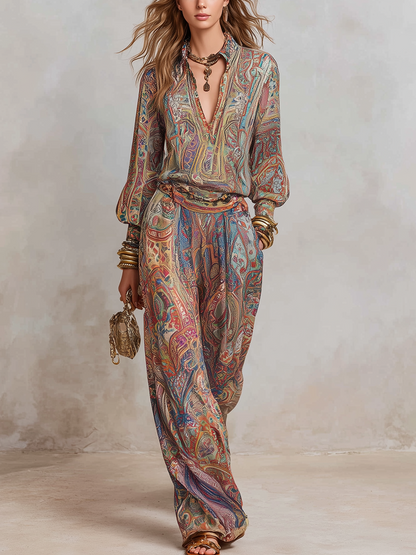 Paisley Printed Long Sleeve Top Pant Set