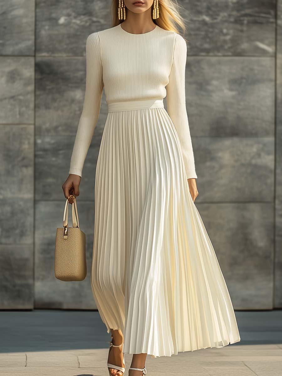 Long Round Neck Knitted Pleated Maxi Dress