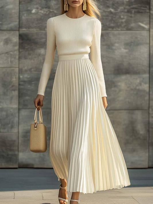 Long Round Neck Knitted Pleated Maxi Dress