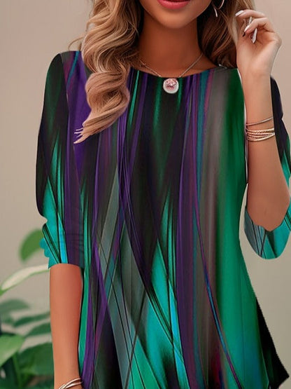 Patterned Vertical Striped Rounded Sleeved Flared Top