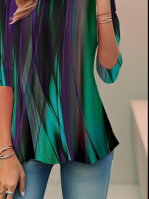 Patterned Vertical Striped Rounded Sleeved Flared Top