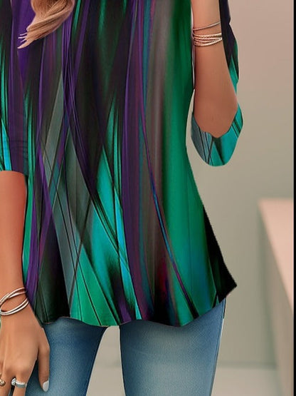 Patterned Vertical Striped Rounded Sleeved Flared Top