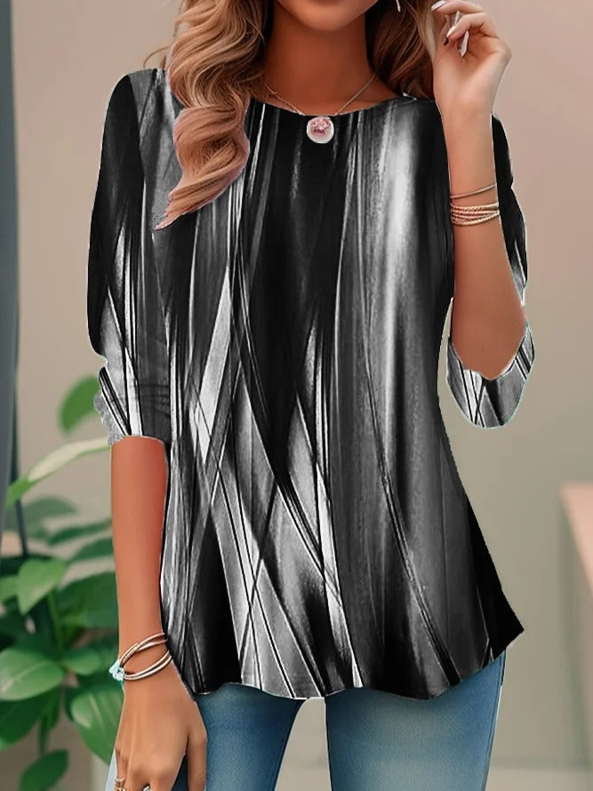 Patterned Vertical Striped Rounded Sleeved Flared Top