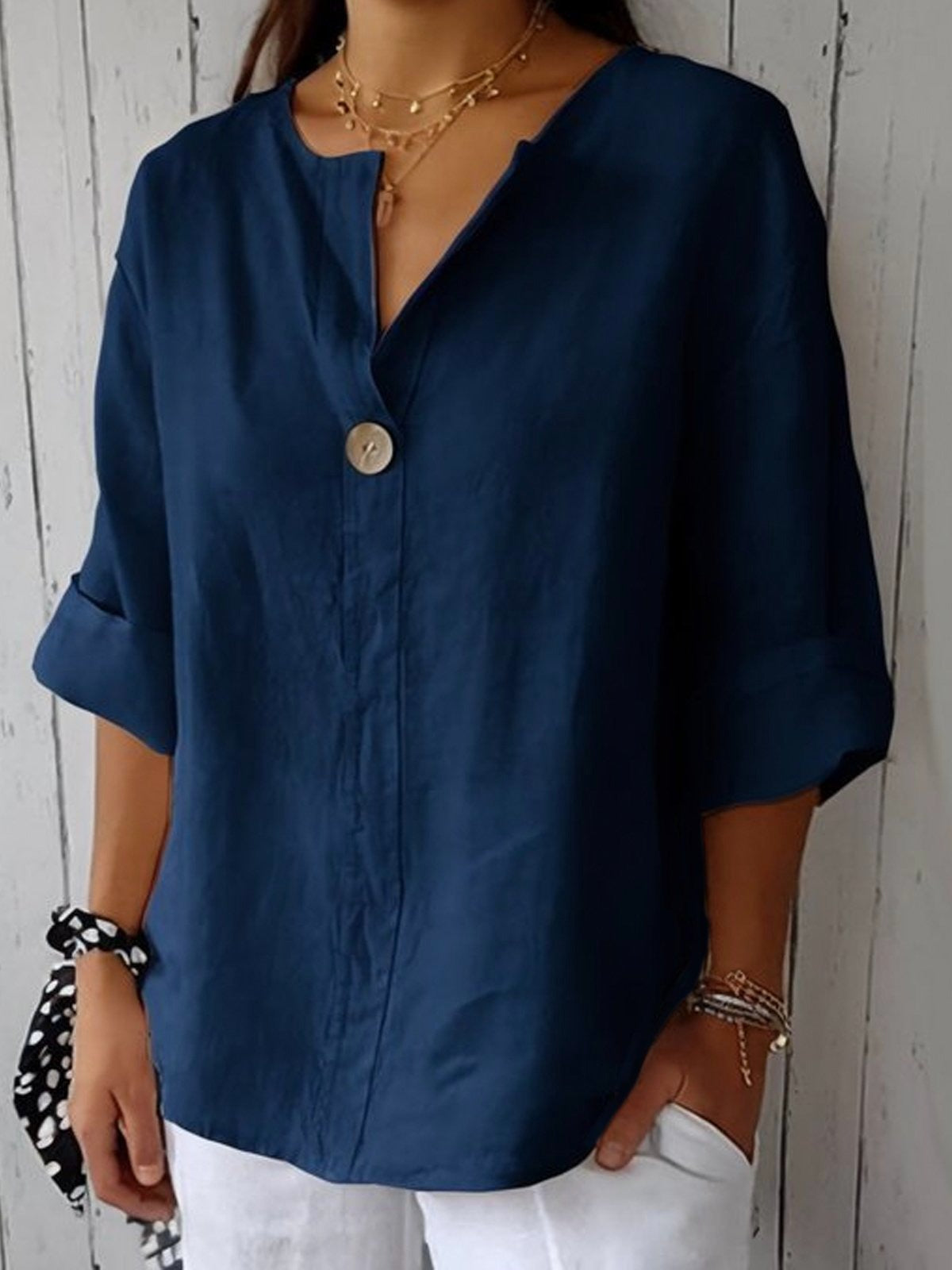 Buttoned Notched Rolled Dropped Loose Solid Blouse