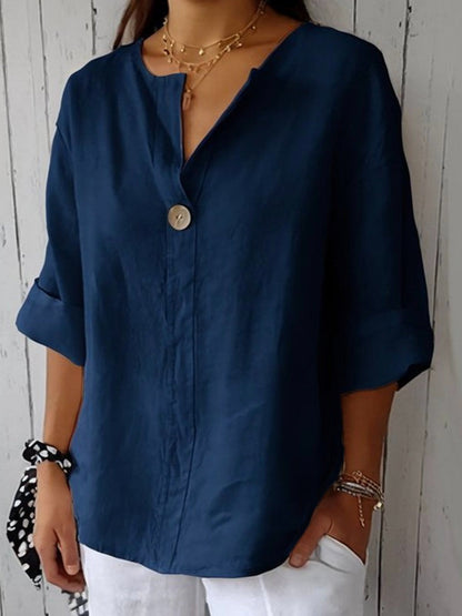 Buttoned Notched Rolled Dropped Loose Solid Blouse