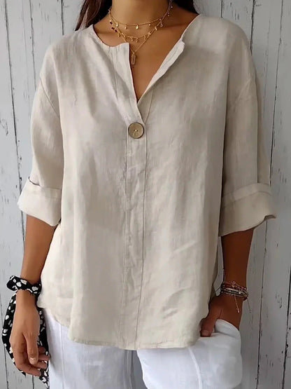 Buttoned Notched Rolled Dropped Loose Solid Blouse