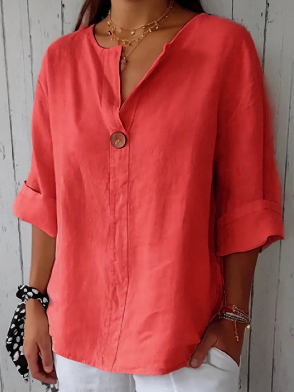Buttoned Notched Rolled Dropped Loose Solid Blouse