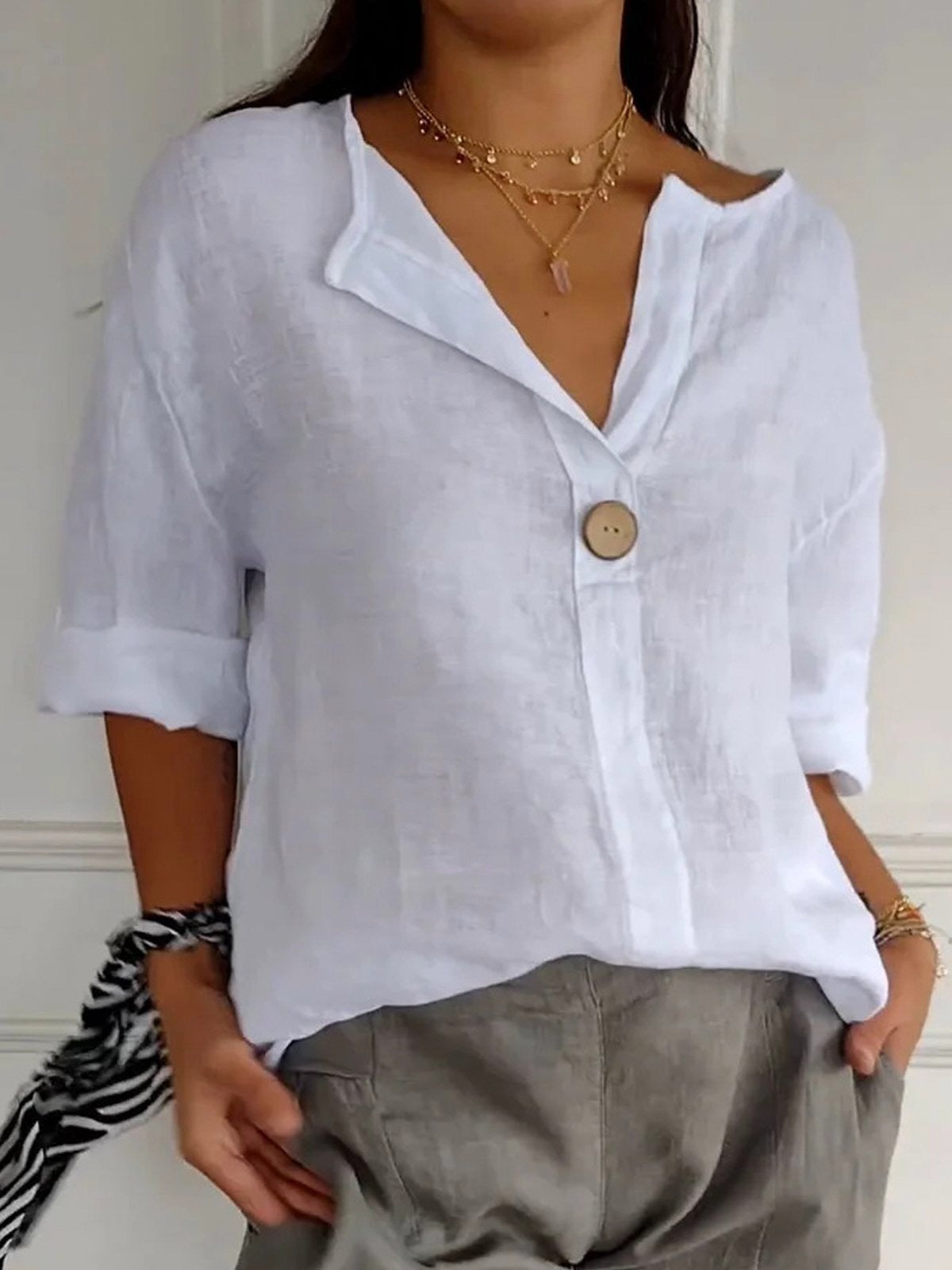 Buttoned Notched Rolled Dropped Loose Solid Blouse
