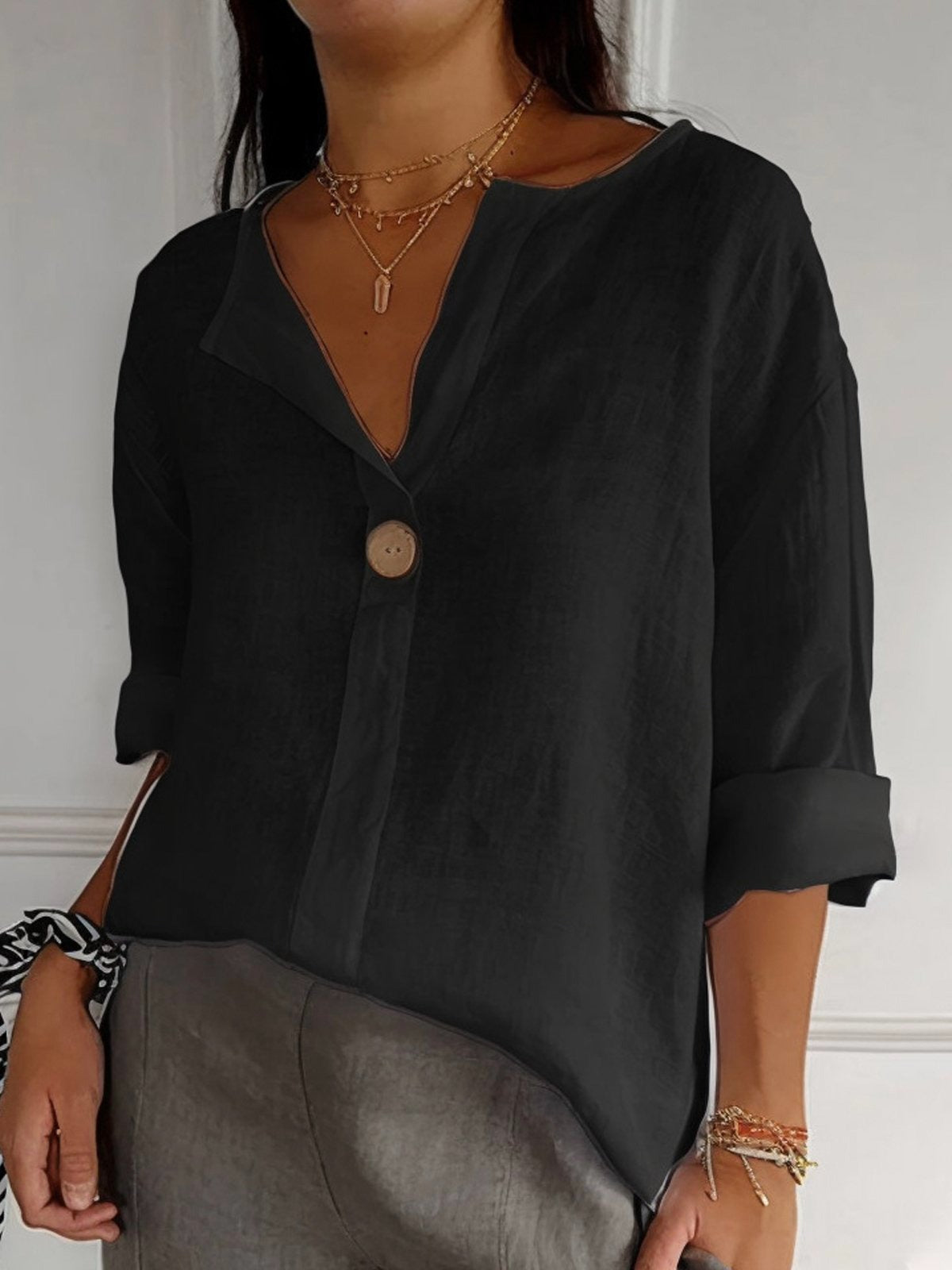 Buttoned Notched Rolled Dropped Loose Solid Blouse