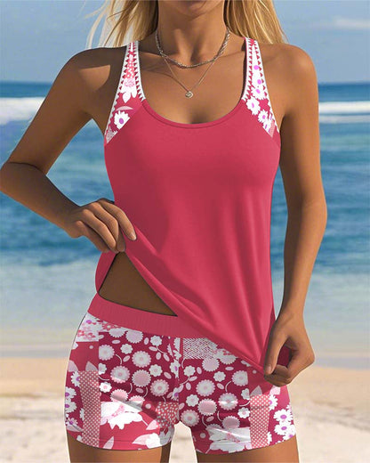 Sleeveless Floral Printed Dotted Round Fitted Swimwear