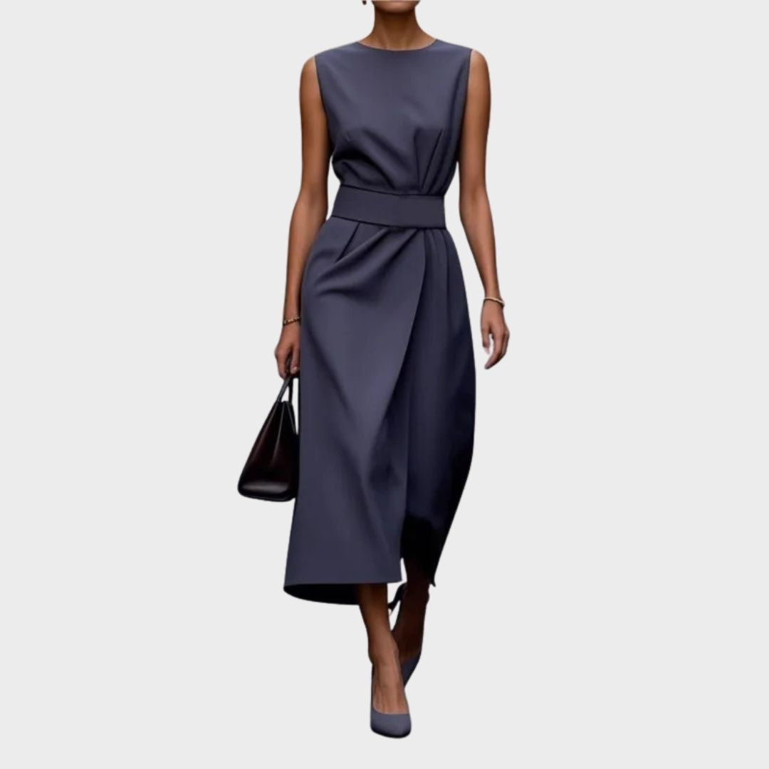 Plain Fitted Sleeveless Cinched Overlaid Flared Dress