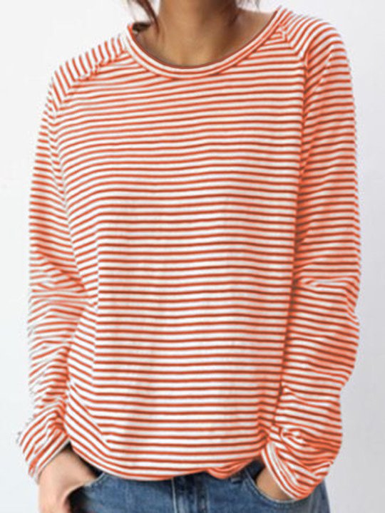 Crew Neck Long Sleeve Striped Sweatshirt For Women