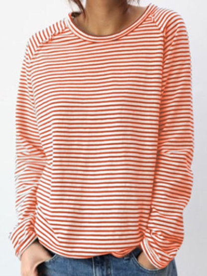 Crew Neck Long Sleeve Striped Sweatshirt For Women