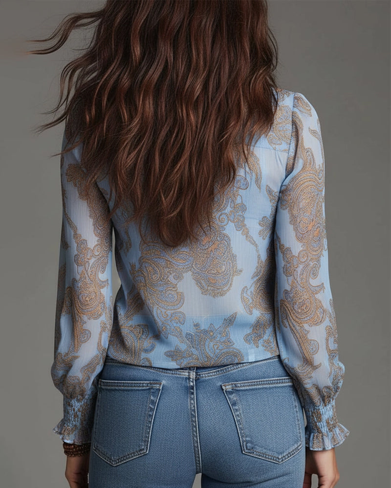 Women's V-Neck Ruffle Sleeve Paisley Print Blouse