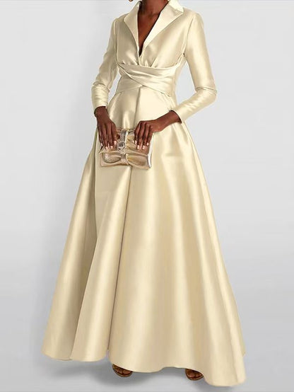 Lapel Neck Crisscross Satin A Line Maxi Dress