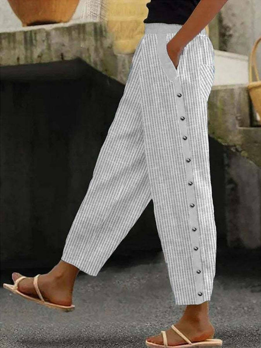 Striped Buttoned Cropped Loose Pocketed Banded Trousers