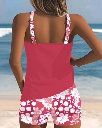 Sleeveless Floral Printed Dotted Round Fitted Swimwear