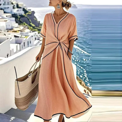 V-Neck Piped Dress Pocketed