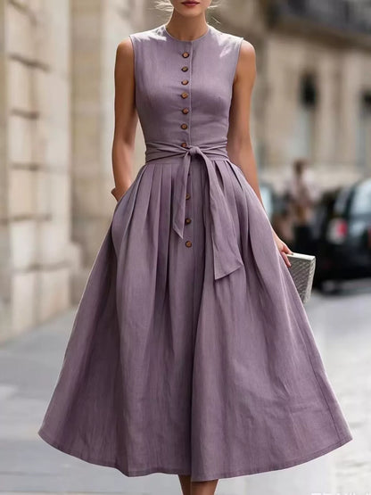 Round Neck Sleeveless Button-Front Belted Midi Dress