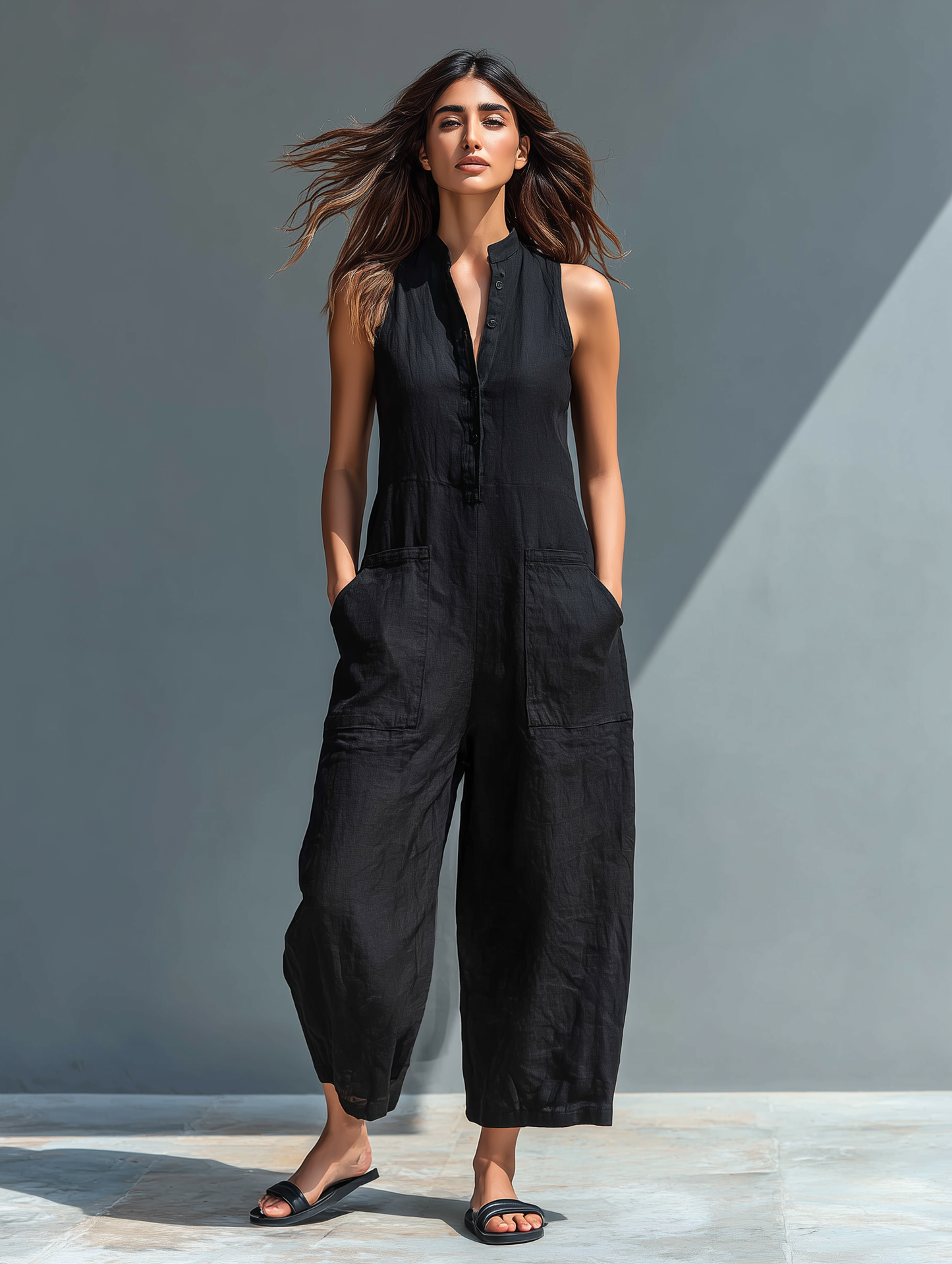 Solid Straight Cut Pocketed Front Button Jumpsuit