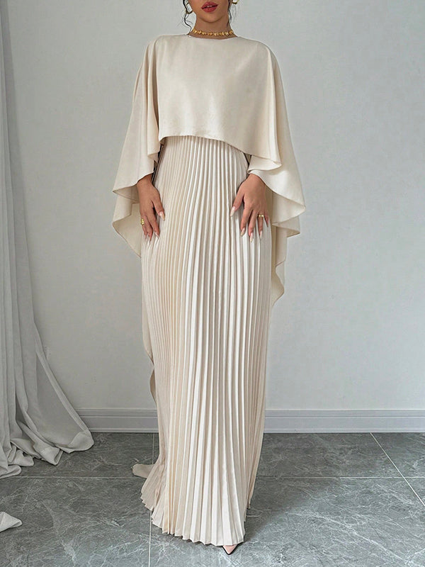 Cape Layered Pleated Round High Maxi Dress