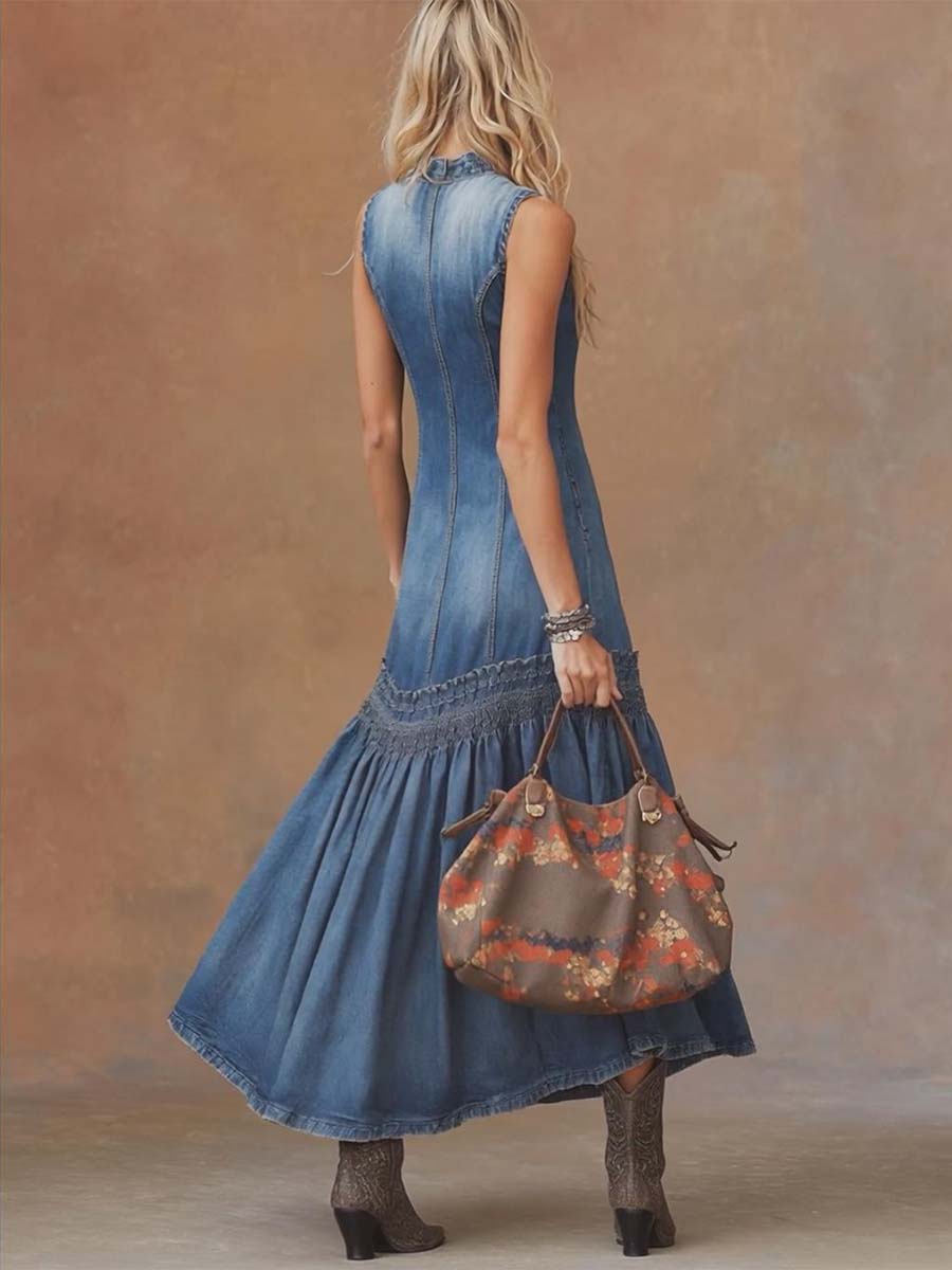 Sleeveless Collared Laced Seamed Gathered Maxi Dress