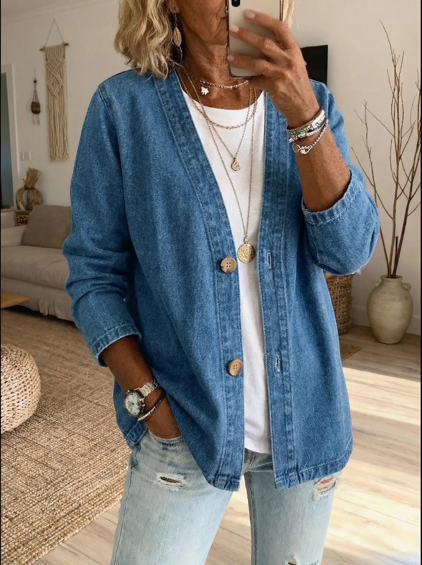Textured Buttoned Seamed Dropped Loose Cardigan