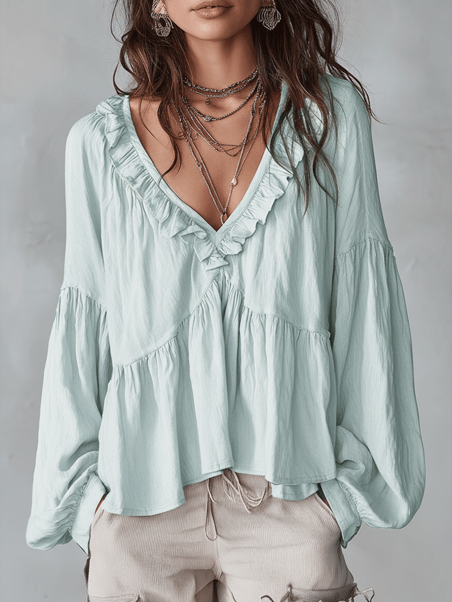 Solid Ruffled V Neck Lantern Sleeve Top