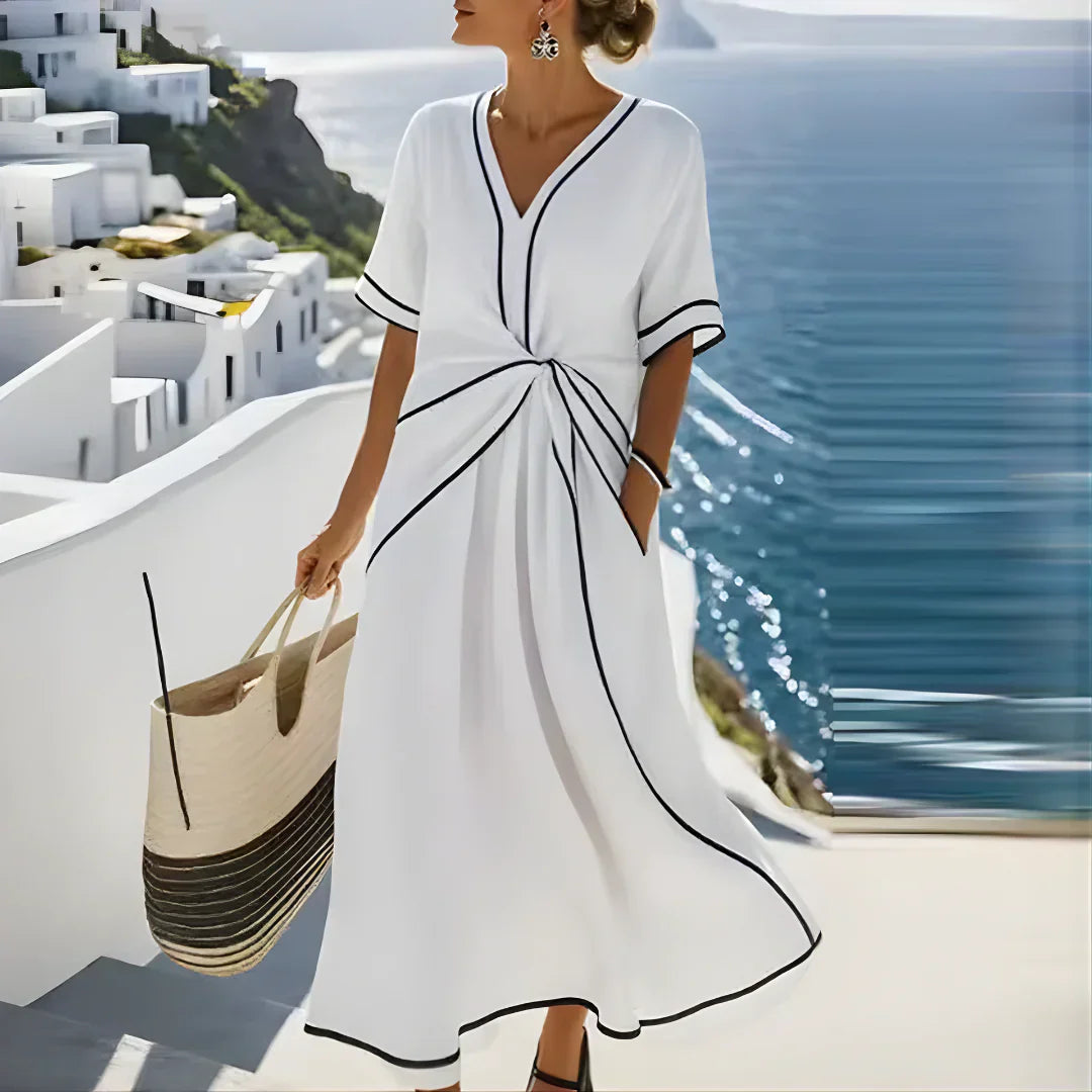 V-Neck Piped Dress Pocketed