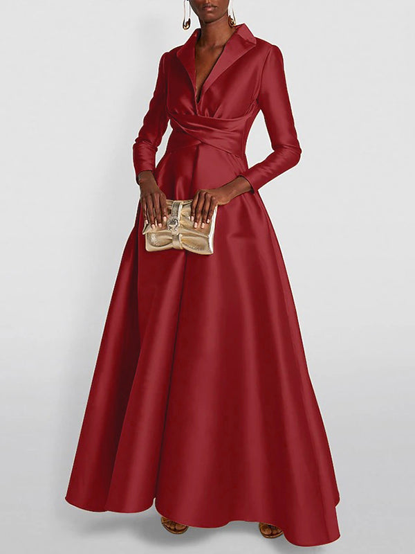 Lapel Neck Crisscross Satin A Line Maxi Dress