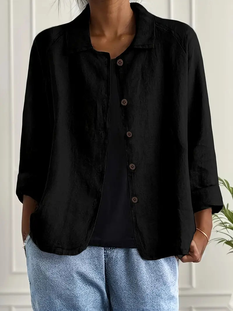 Collared Button Down Three Quarter Sleeve Blouse