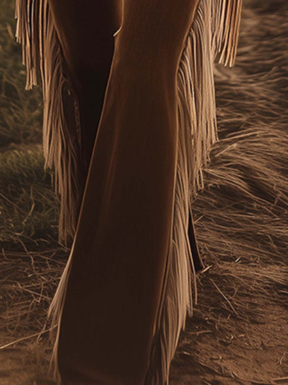 Pocketed Stitched Fringed Flared Long Trousers