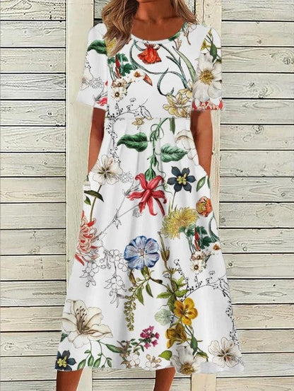 Floral Printed Rounded Gathered Flared Dress