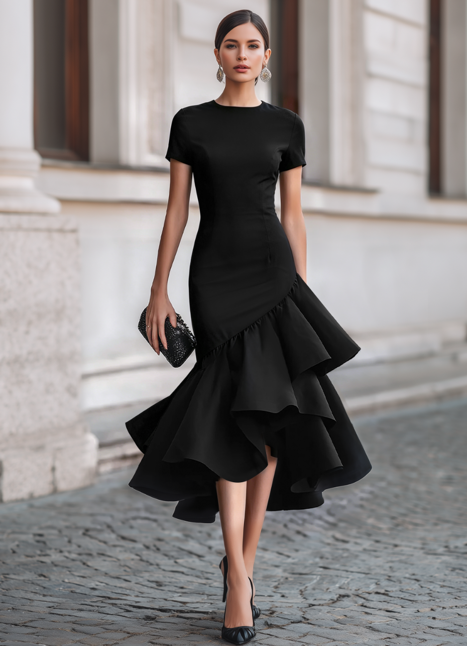 Fitted Crew Neck Short Sleeve Ruffled Asymmetric Dress