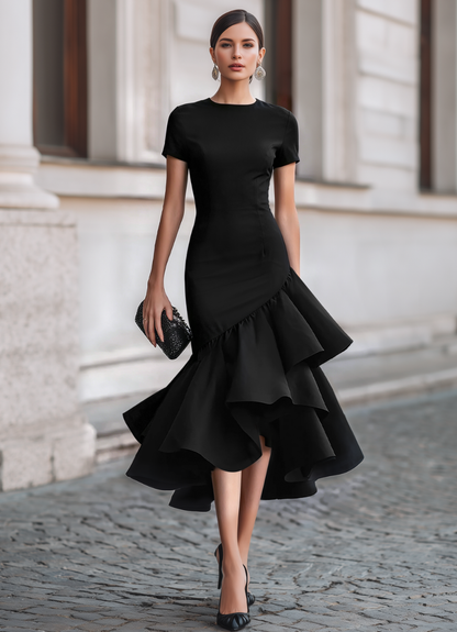 Fitted Crew Neck Short Sleeve Ruffled Asymmetric Dress