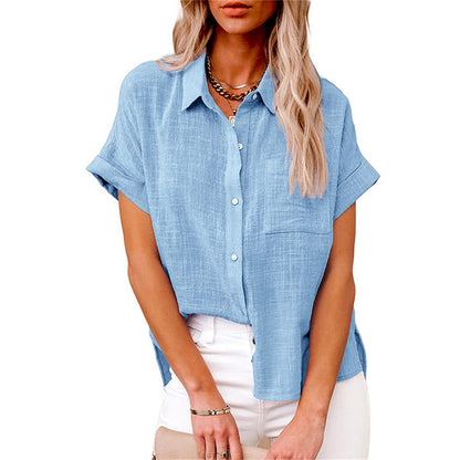 Textured Point Collar Pocket Front Blouse