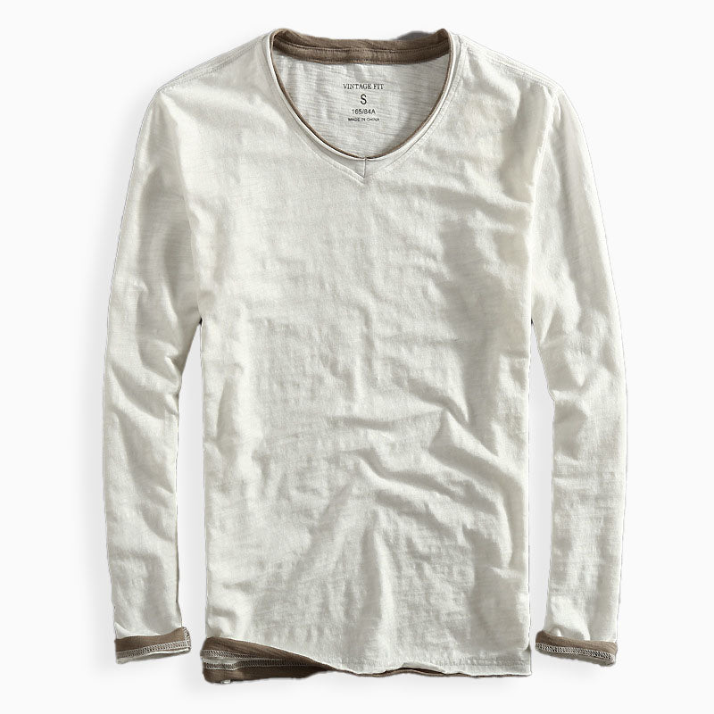 Long Sleeved V Neck Slubbed Standard Sleeve Shirt