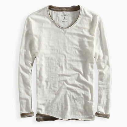 Long Sleeved V Neck Slubbed Standard Sleeve Shirt