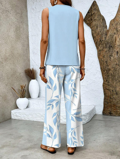 Square Neck Sleeveless Top Layered Wide Leg Trouser Set