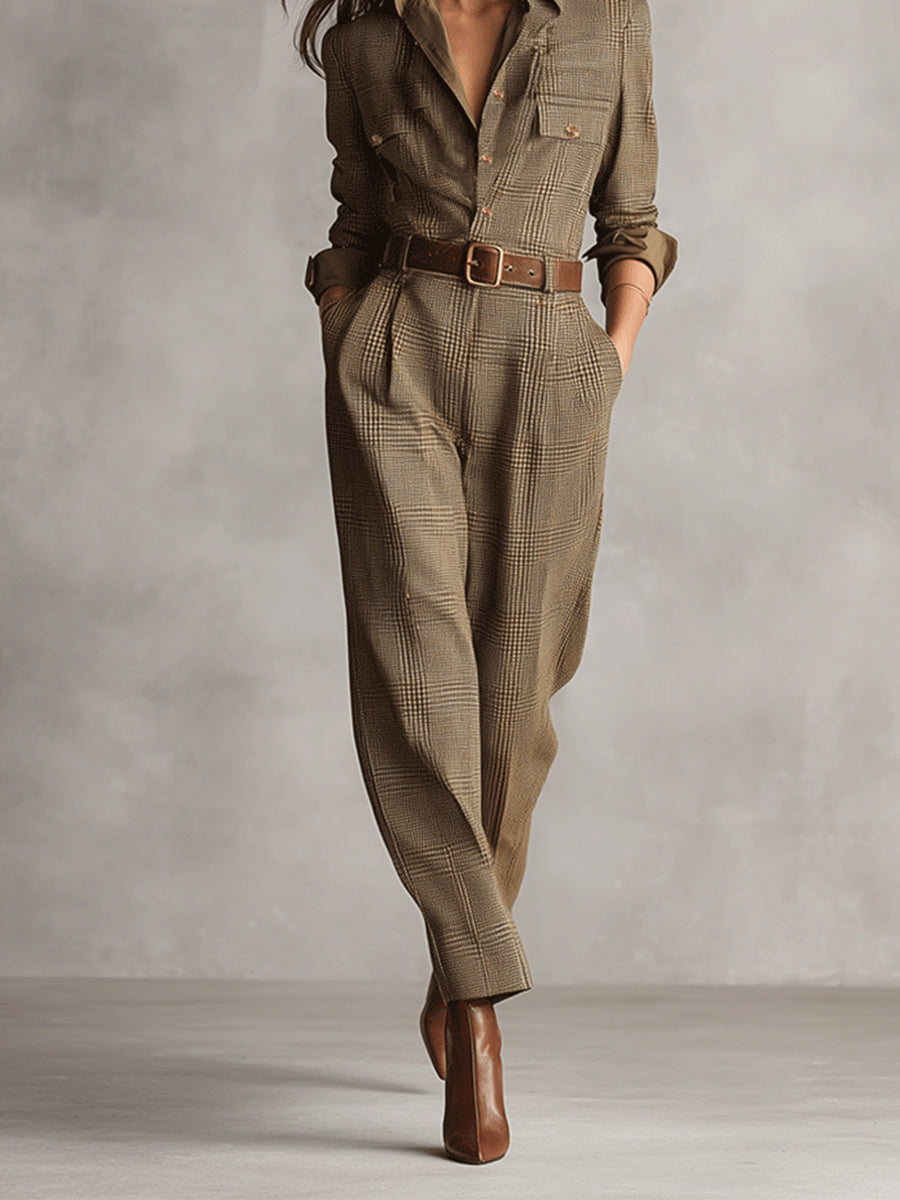 Plaid Collar Button Long Sleeve Pocketed Jumpsuit