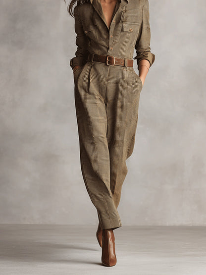 Plaid Collar Button Long Sleeve Pocketed Jumpsuit