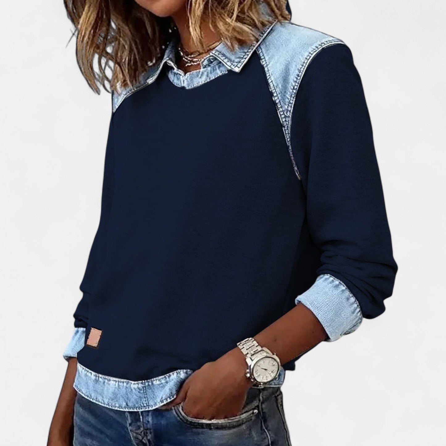 Women's Point Collar Long Sleeve Colorblock Sweatshirt