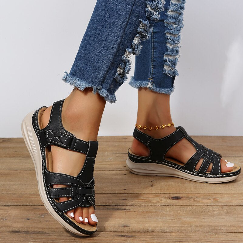 Contrast Stitched Strappy Wedge Platform Sandals