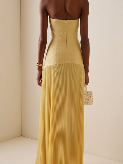 Strapless Fitted Curved Pleated Long Solid Dress