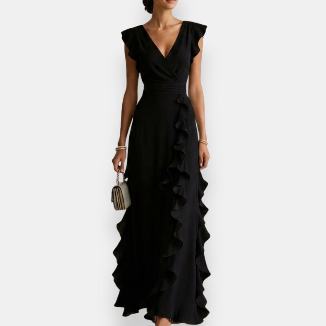V Flutter Ruched Ruffled Maxi Dress