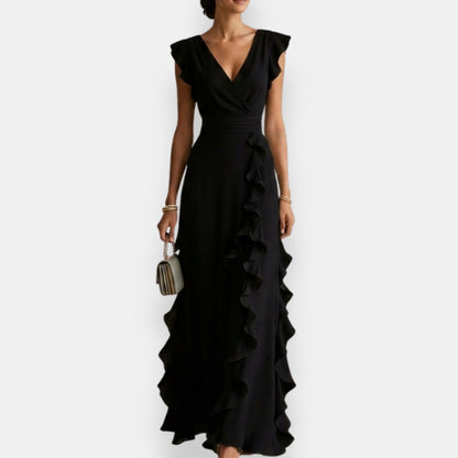 V Flutter Ruched Ruffled Maxi Dress