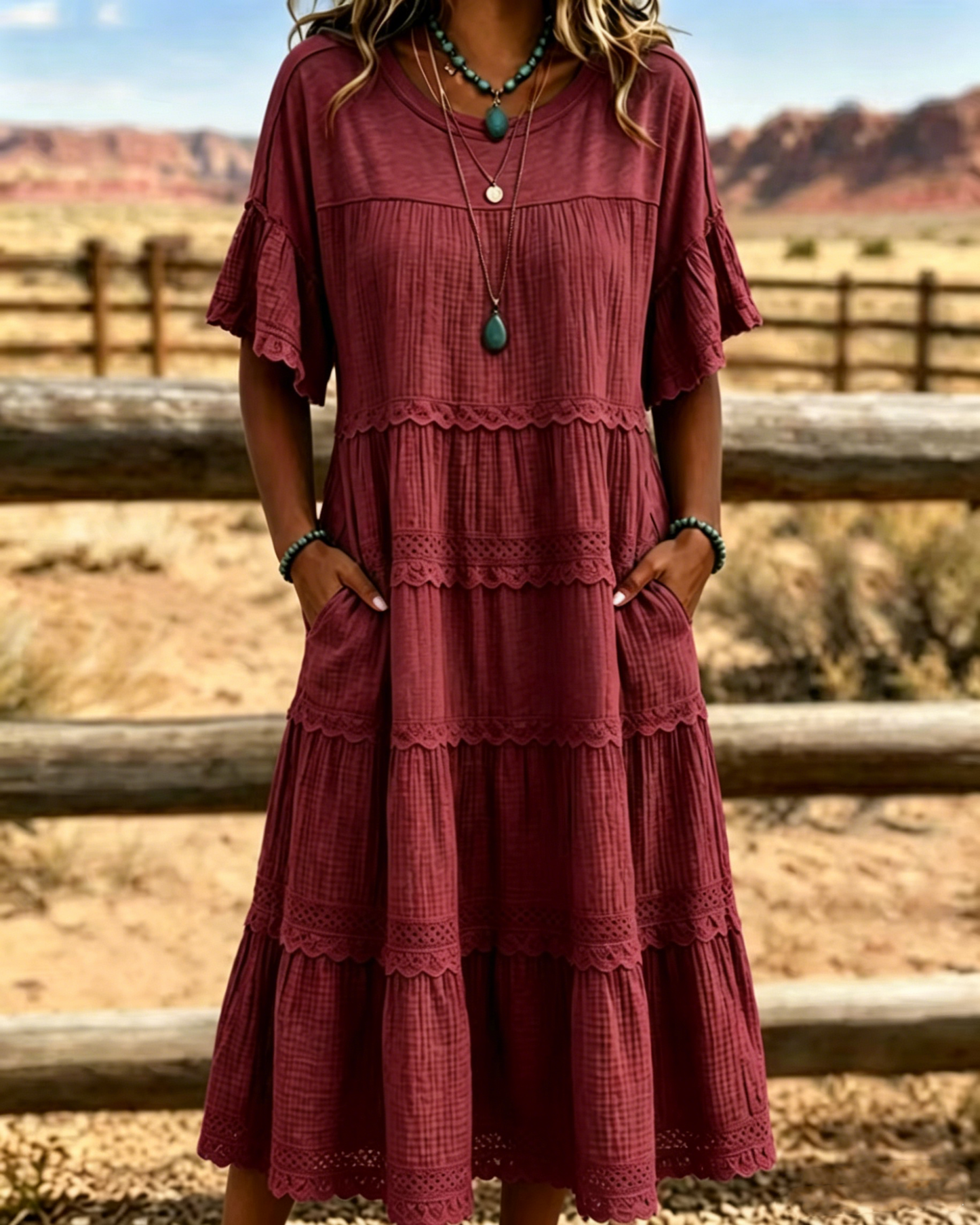 Tiered Scalloped Gathered Pocketed Flared Textured Dress