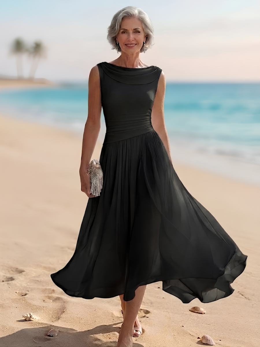 Draped Neck Sleeveless Pleated A-Line Wedding Guest Midi Dress