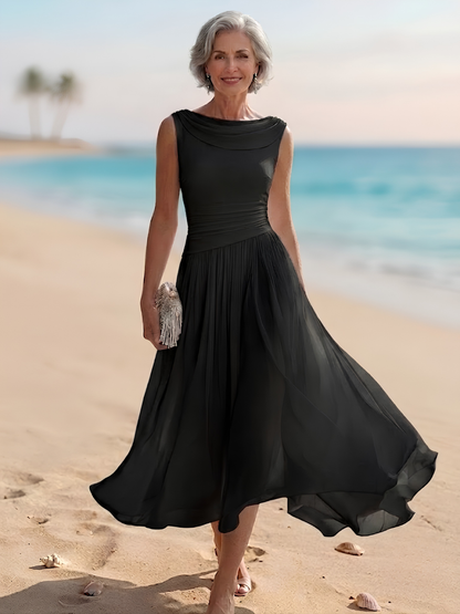 Draped Neck Sleeveless Pleated A-Line Wedding Guest Midi Dress